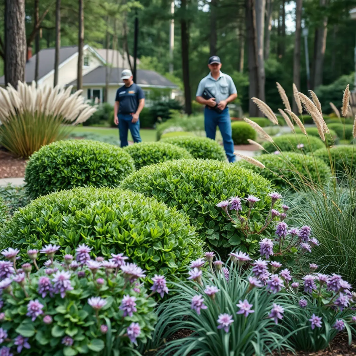 Deer-resistant planting of ornamental grasses and boxwood in Massachusetts