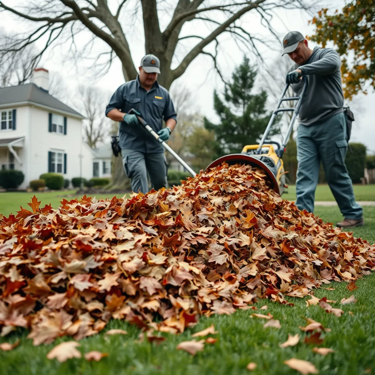Fall leaves being cleared from a lawn in Whitman, MA