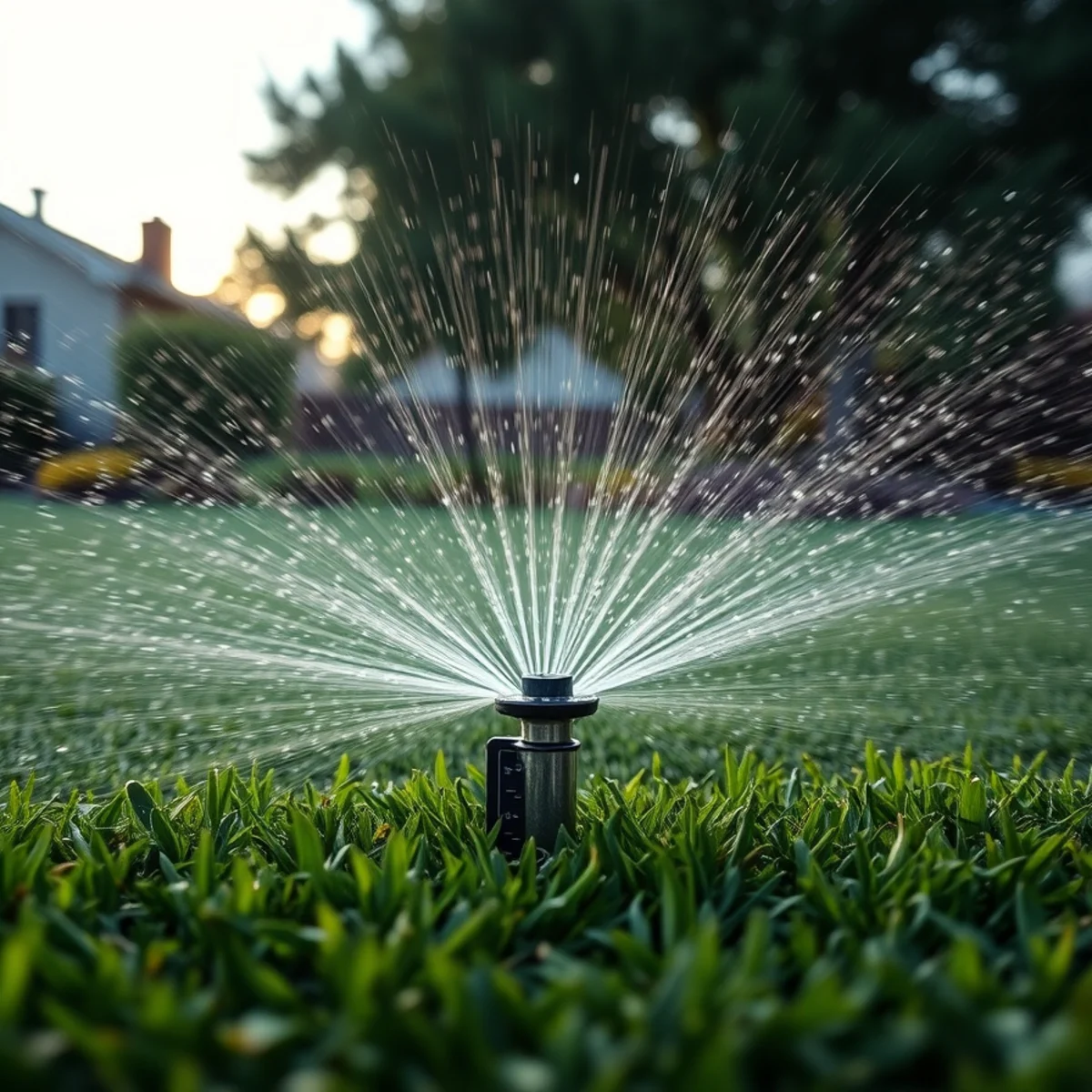 Sprinkler watering a lawn early in the morning in Massachusetts