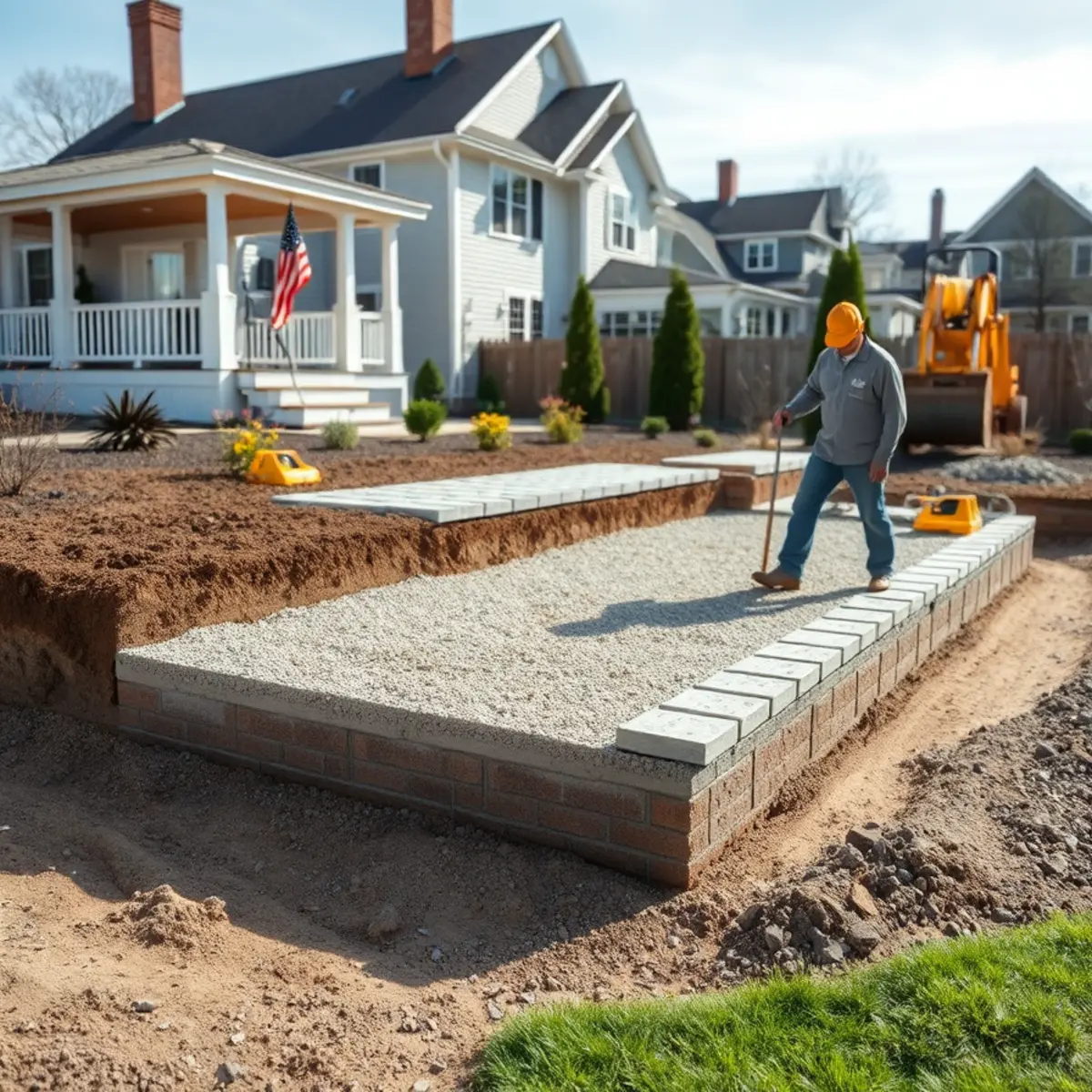 Paver patio under construction showing compacted base layers