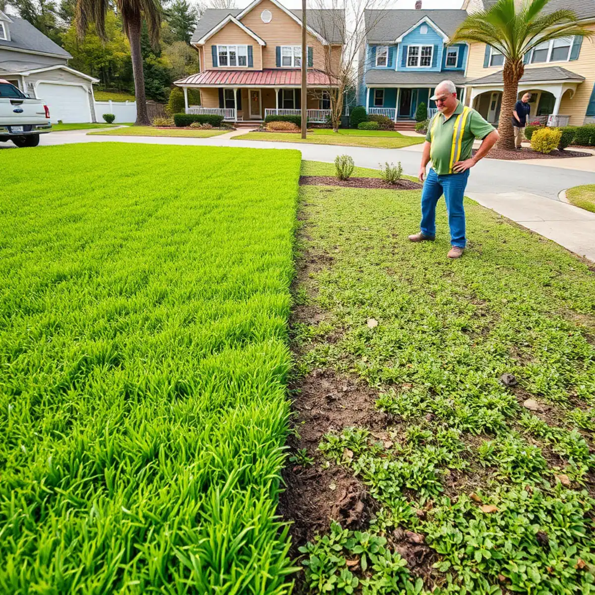 Fresh sod being laid beside a hydroseeded lawn area in Massachusetts
