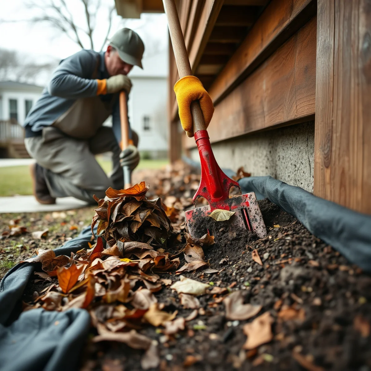 Landscaper hand-clearing matted leaves from a foundation bed in spring