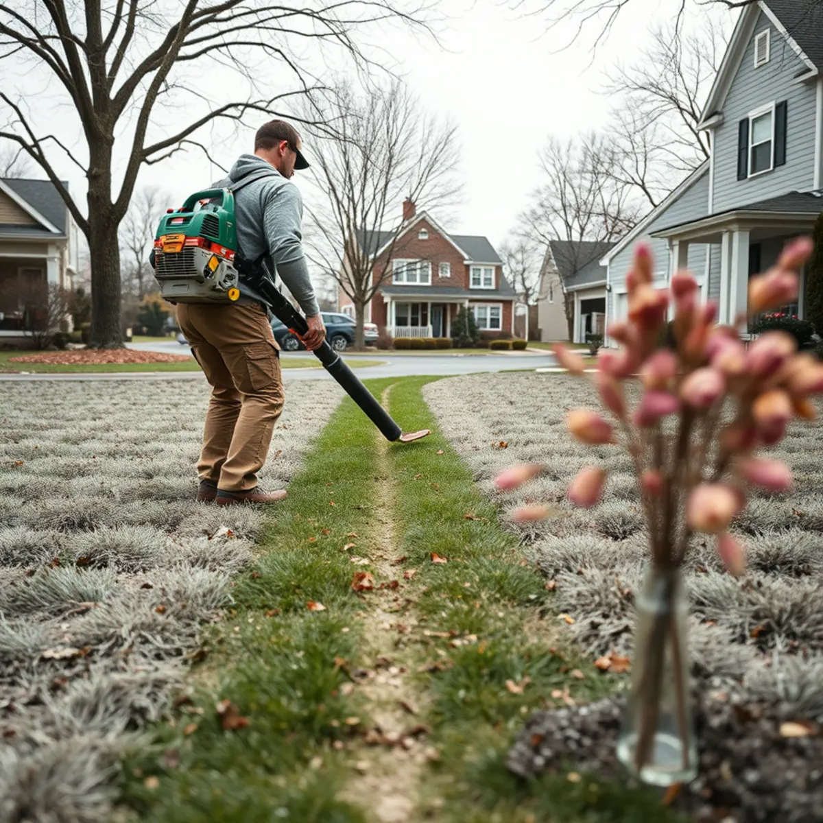 Blowing matted winter debris off an open lawn in early spring