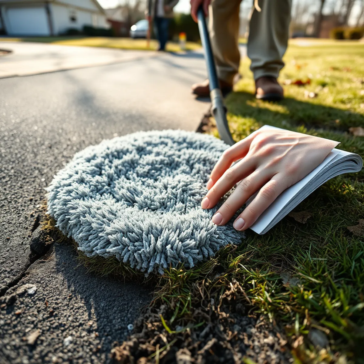 Inspecting snow mold and plow damage on a lawn after winter