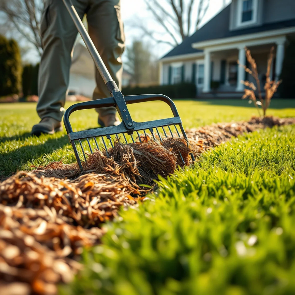 Dethatching a lawn to remove matted winter buildup