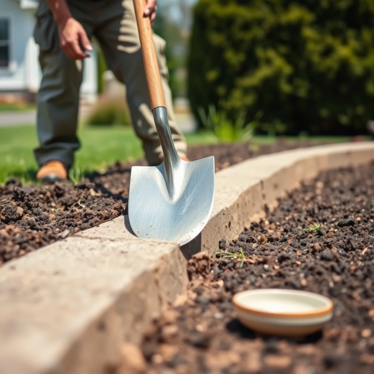 Cutting a fresh spaded edge between lawn and garden bed