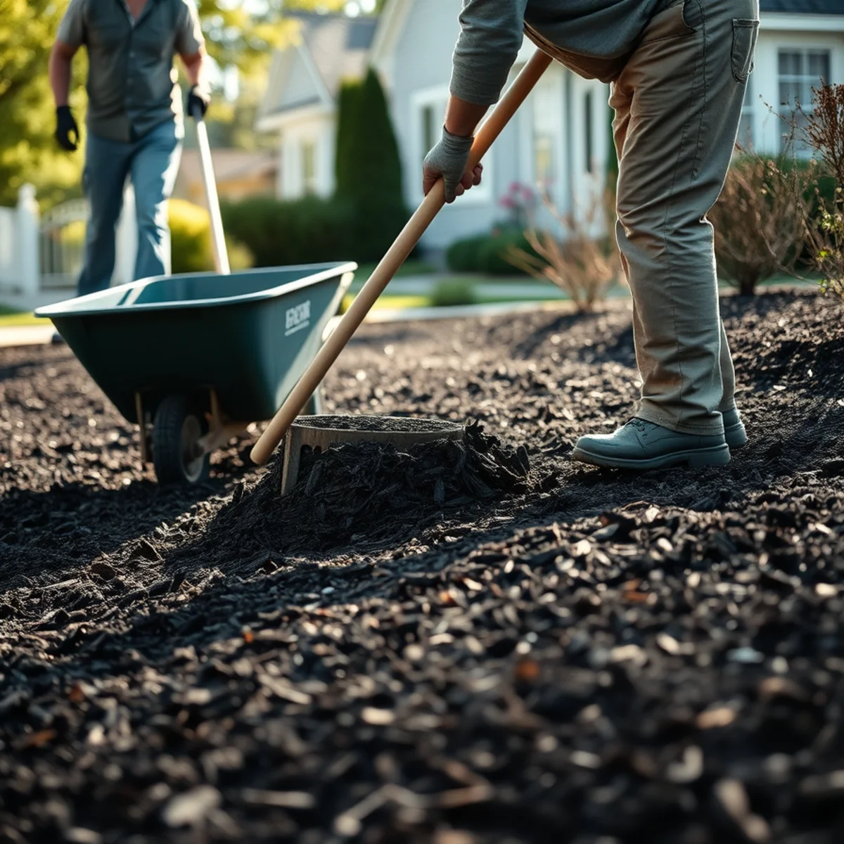 Spreading fresh hardwood mulch in a garden bed in spring