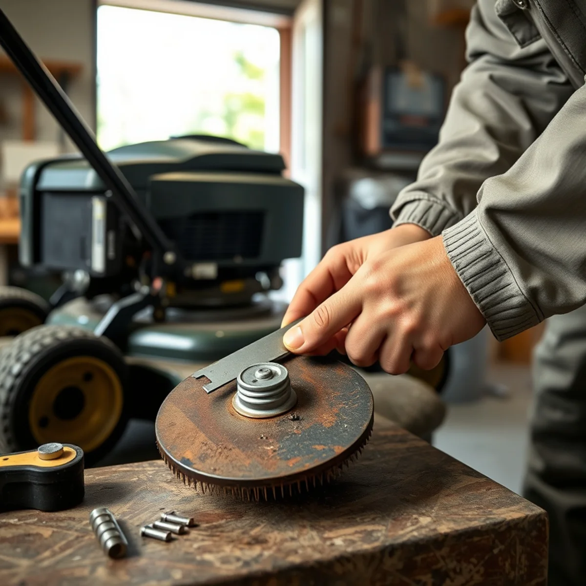Sharpening a mower blade before the first cut of the season