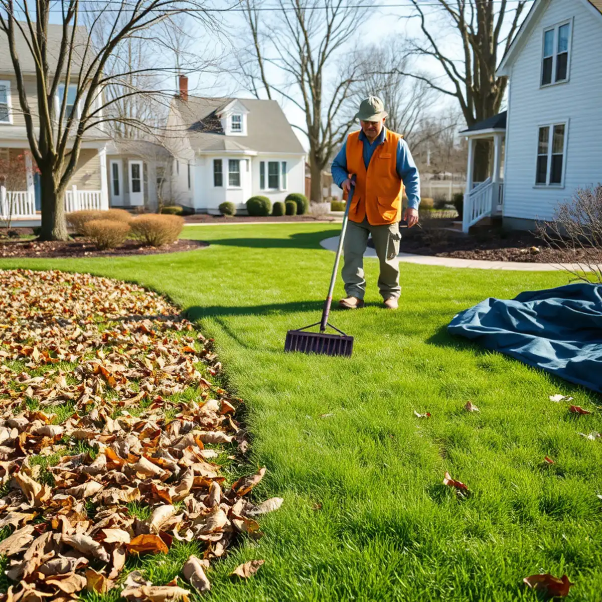 Spring yard cleanup in progress at a South Shore Massachusetts home