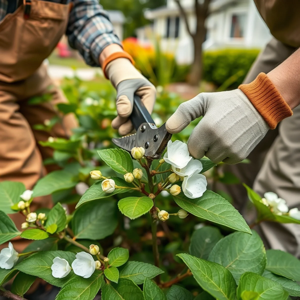 Hand pruning a flowering shrub in a Massachusetts garden