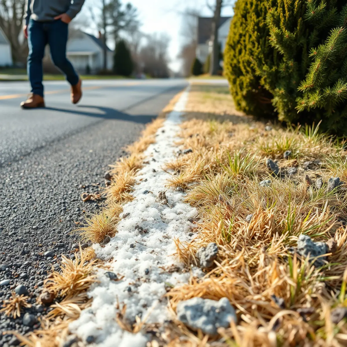 Road salt damage along a lawn edge in early spring in Massachusetts