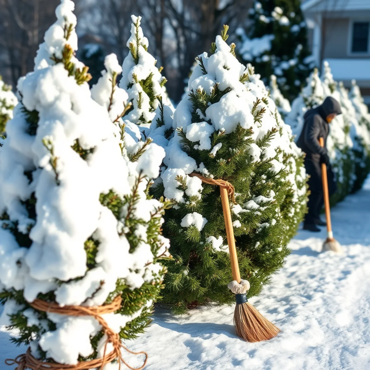 Upright evergreens tied with twine to prevent snow load damage