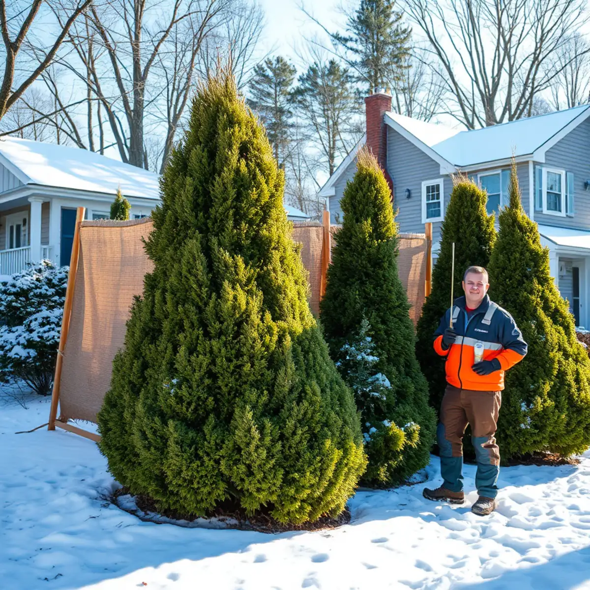 Snow-covered landscape beds and shrubs at a Massachusetts home