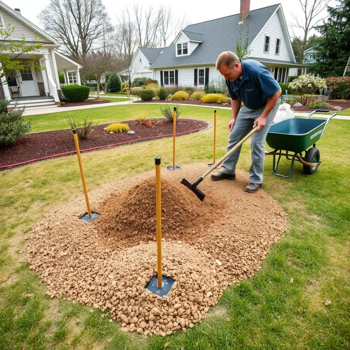 Regrading a low spot in a lawn with screened loam