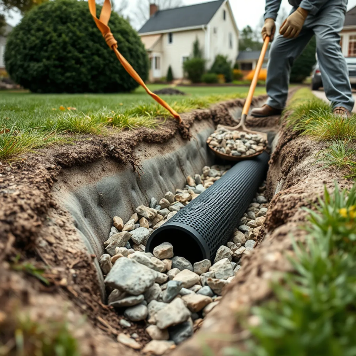 French drain built with fabric, washed stone and perforated pipe