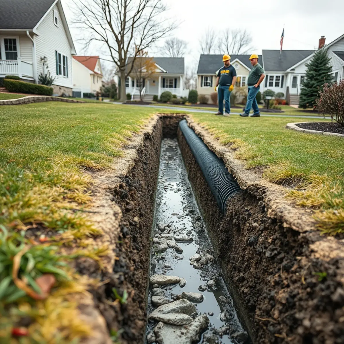 French drain trench with washed stone in a South Shore Massachusetts yard