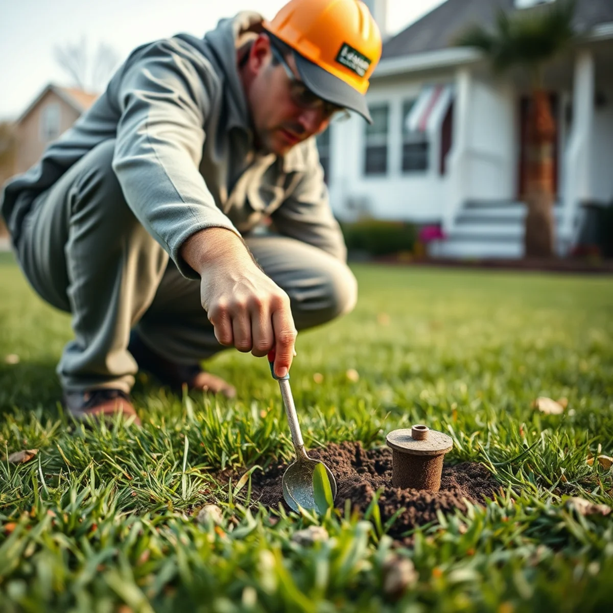 Landscaper inspecting a lawn in Whitman, Massachusetts