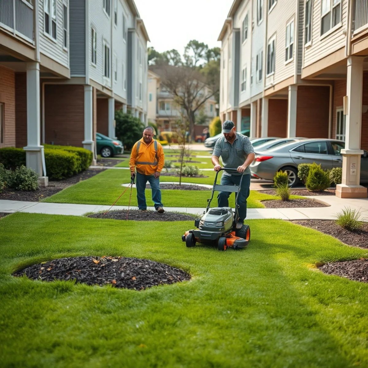 Landscaping crew maintaining condominium common grounds in Massachusetts
