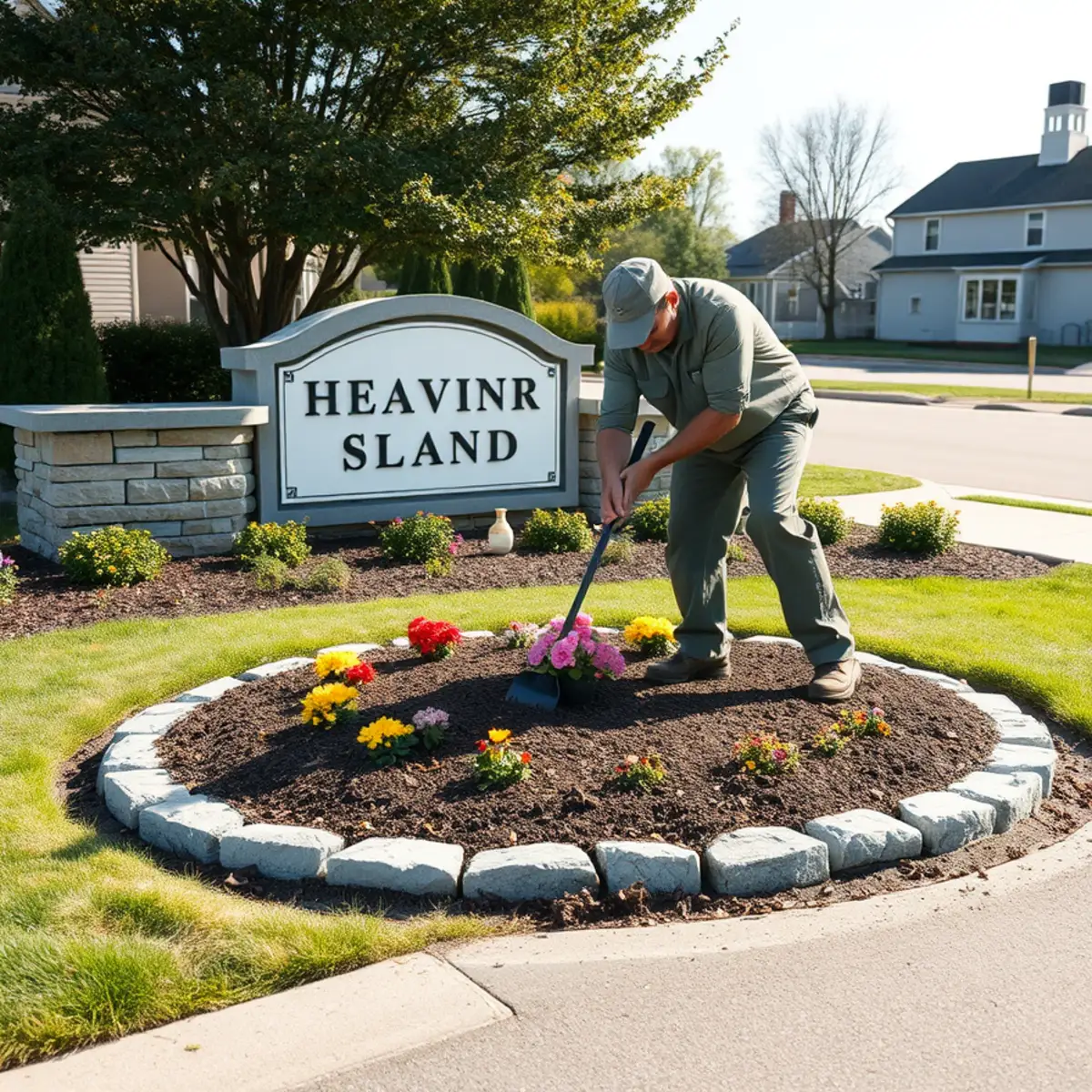 Seasonal color planting at a commercial property entrance in Whitman, MA