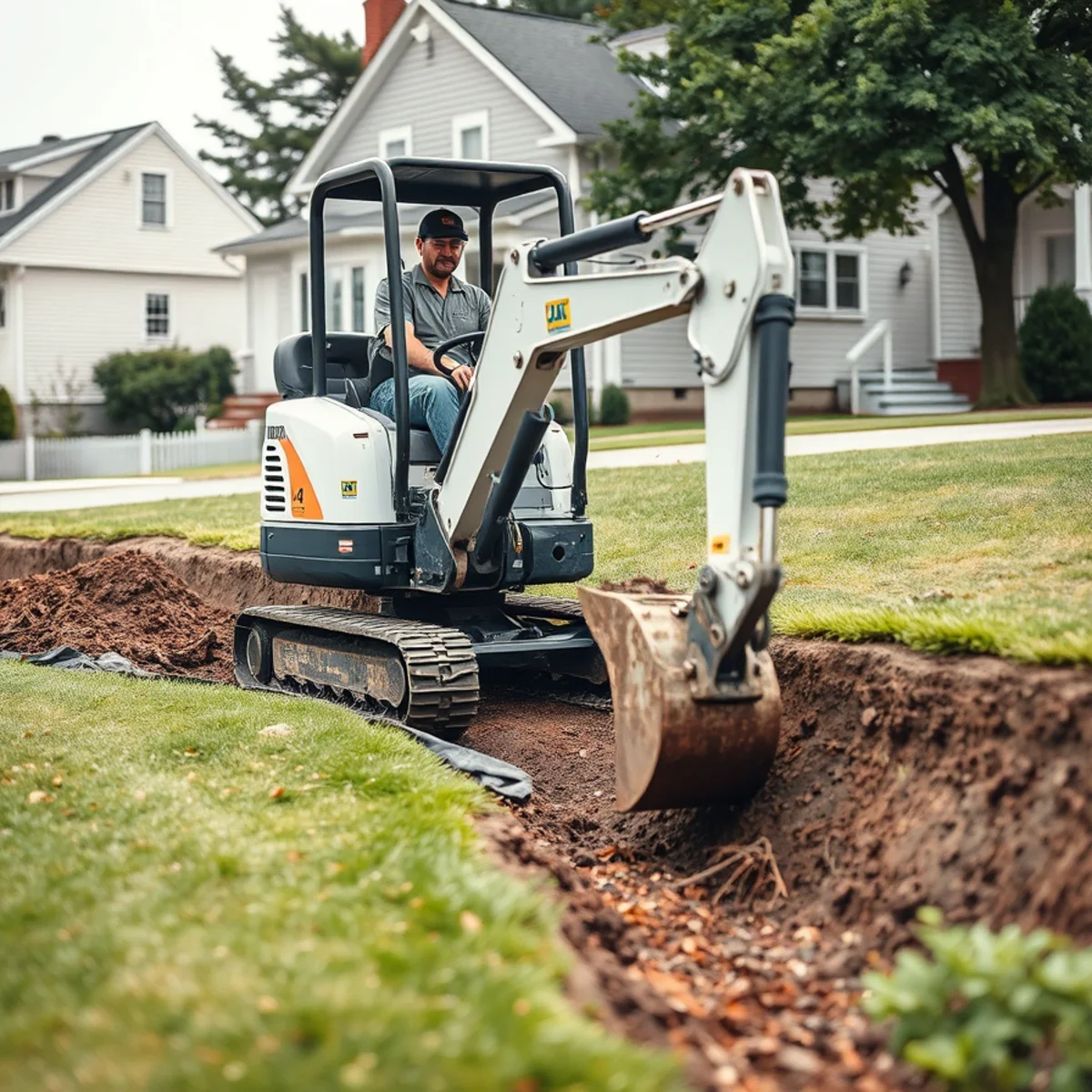 Mini excavator digging a drainage trench in a Whitman, MA yard