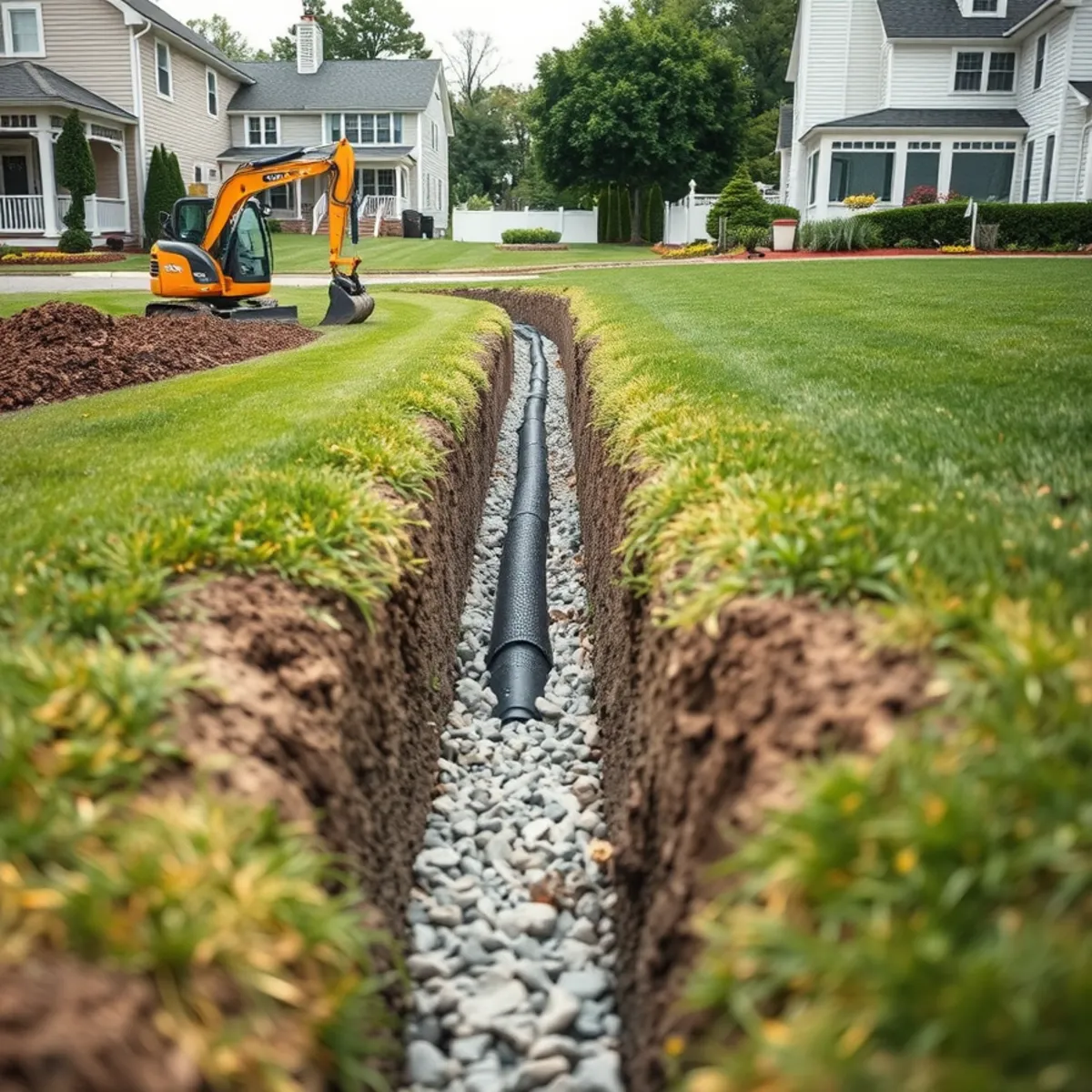 French drain installation in a backyard in Whitman, MA