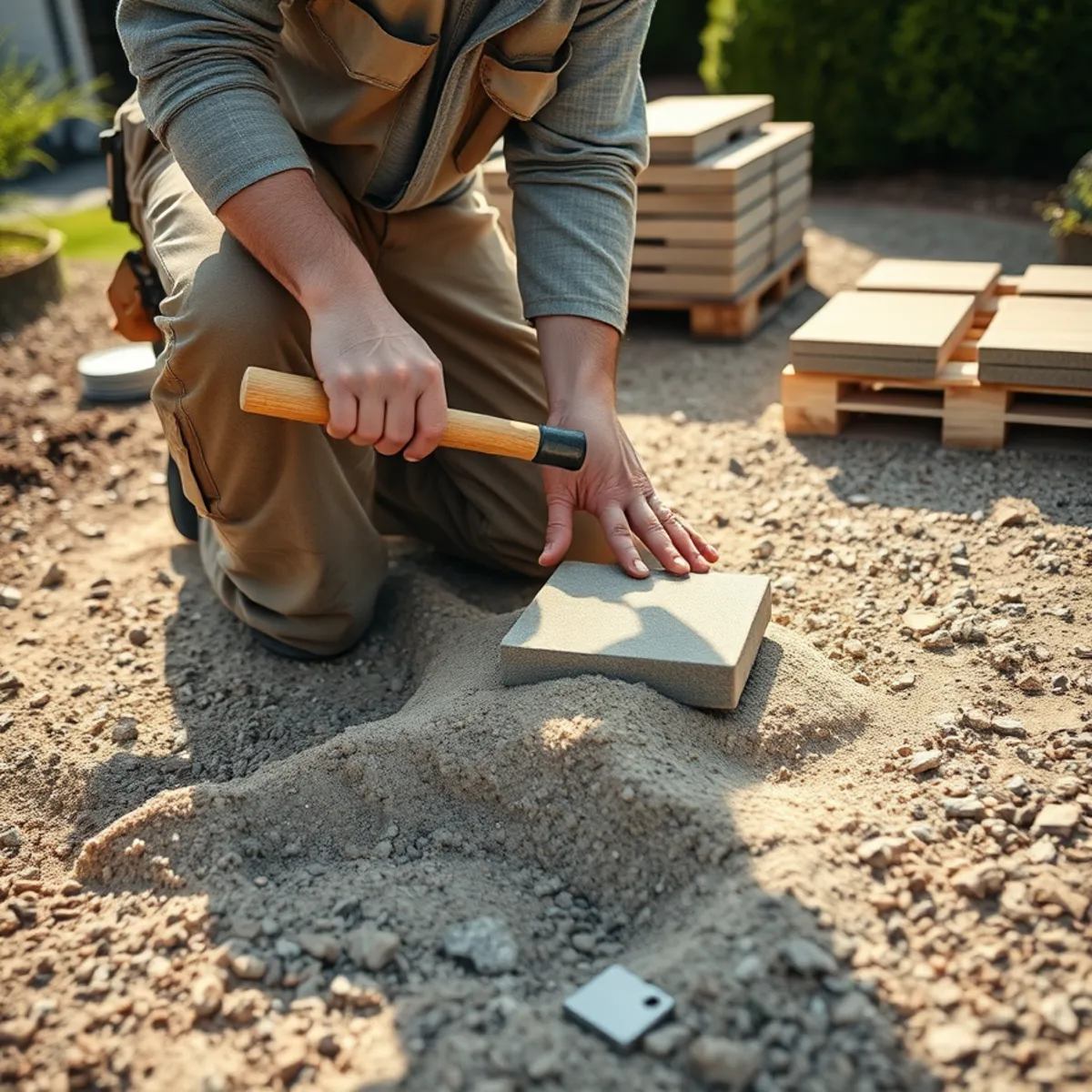 Landscaper setting pavers on a compacted base in Whitman, MA