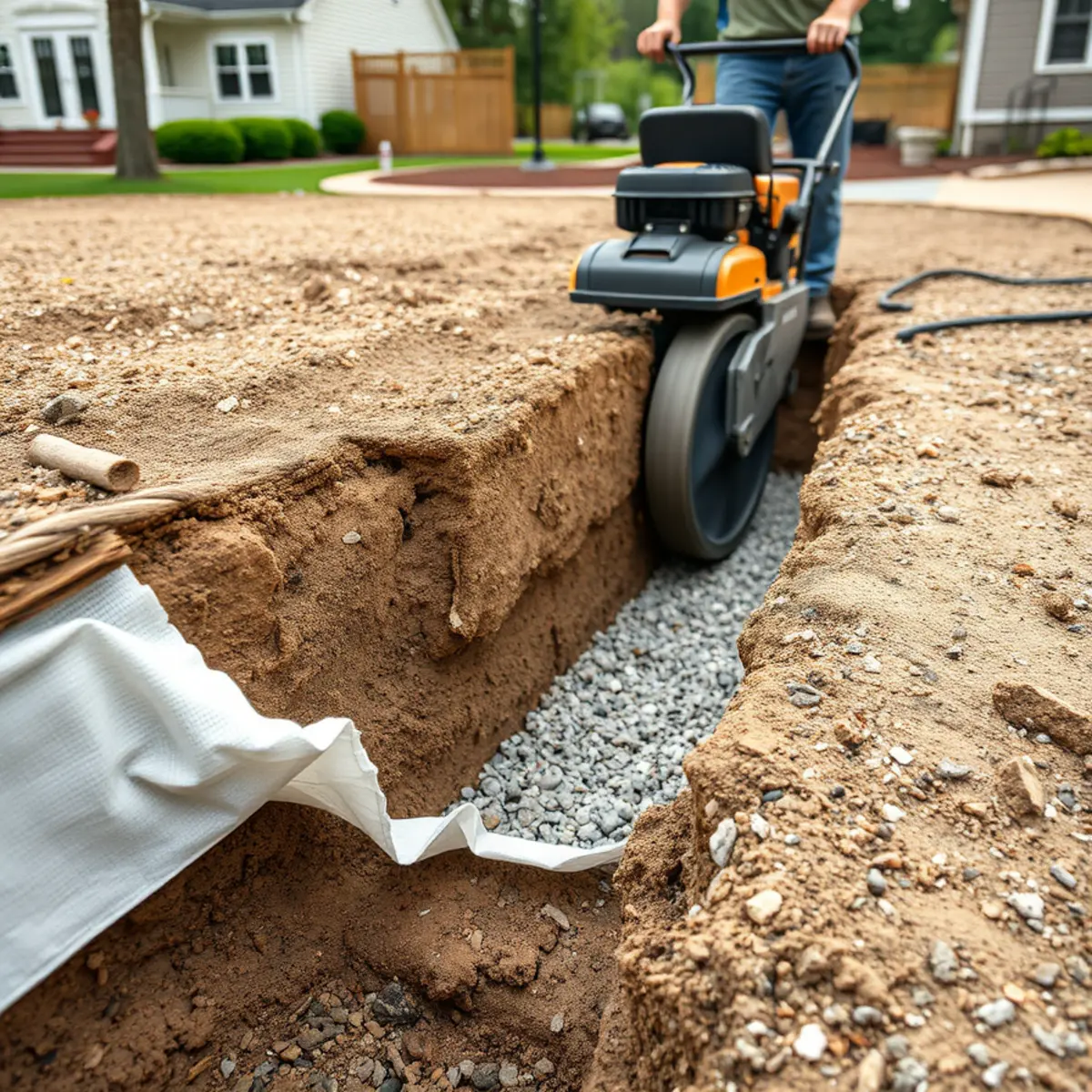 Compacted gravel base and geotextile fabric under a patio in Whitman, MA