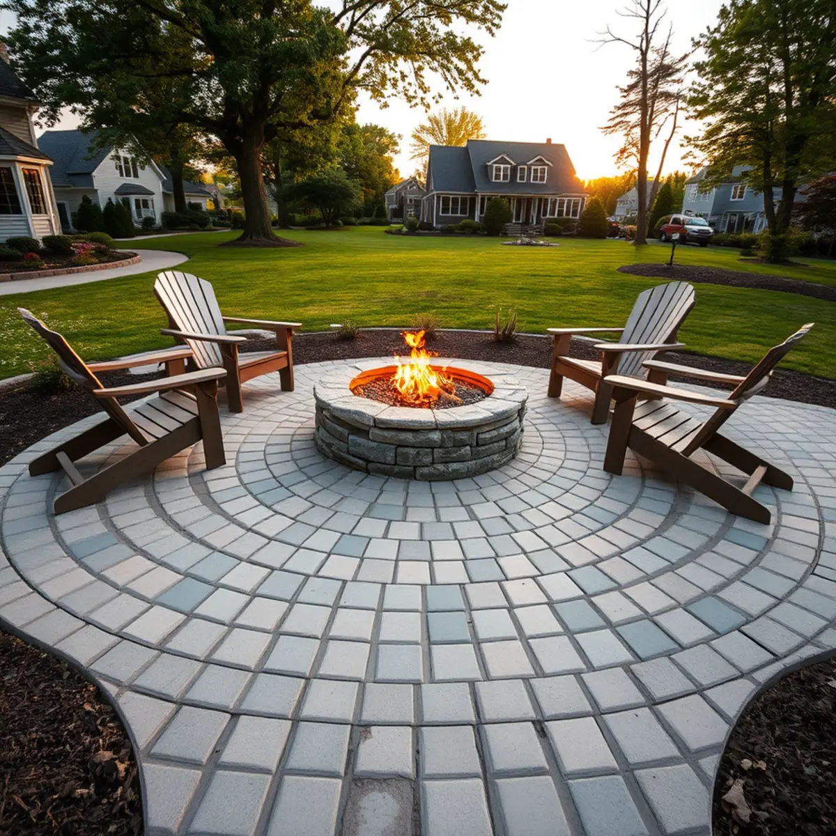 Newly installed paver patio with fire pit at a Whitman, MA backyard