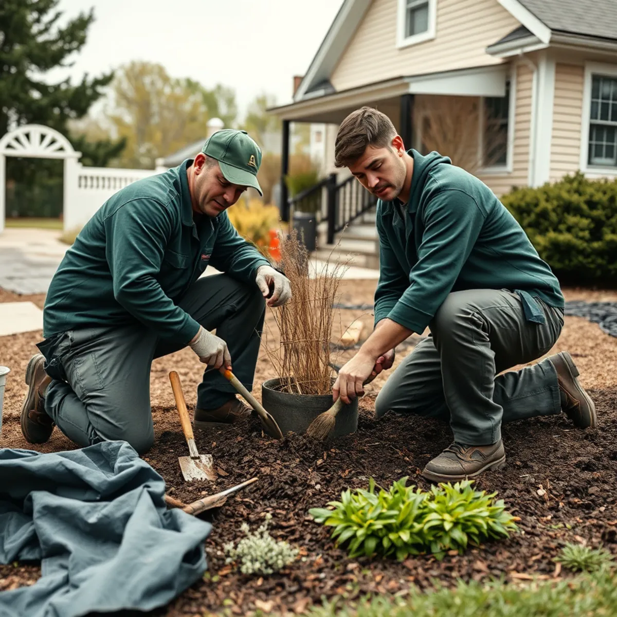 Giachetto Landscape crew clearing and mulching a garden bed at a Whitman, MA home