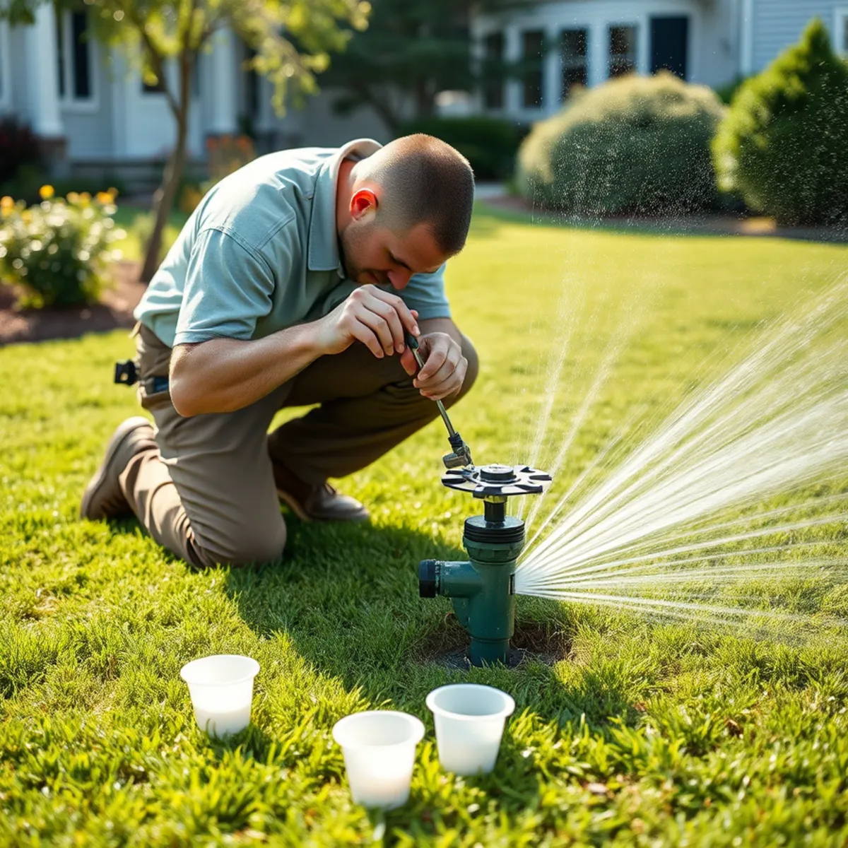 Landscaper adjusting a sprinkler head arc on a lawn in Whitman, MA