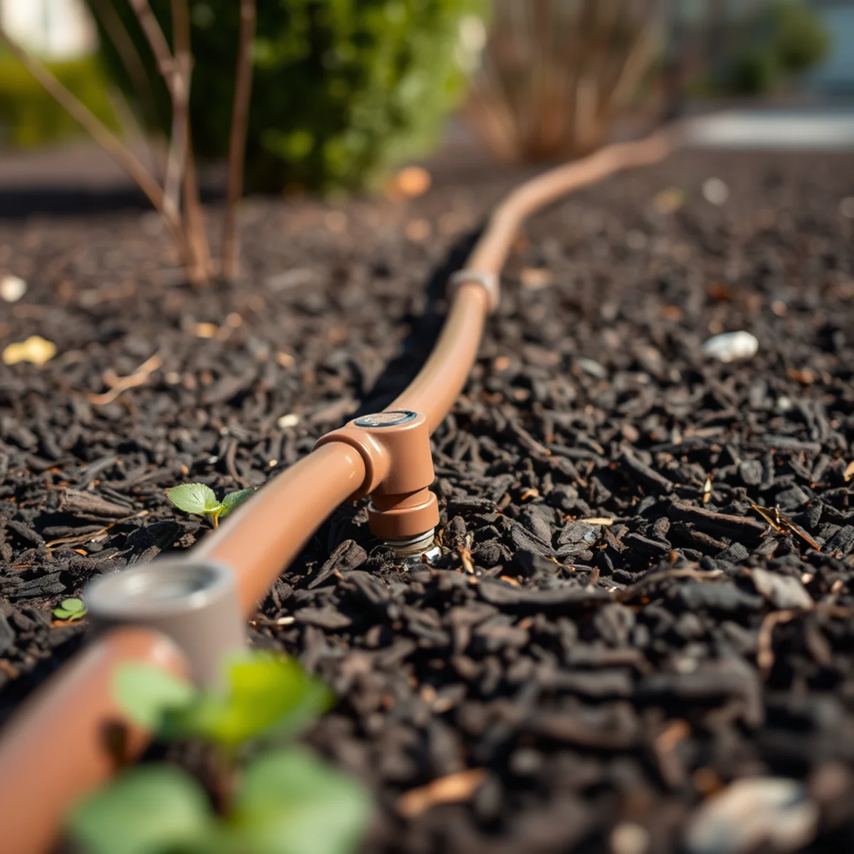 Drip irrigation tubing installed under mulch in a planting bed