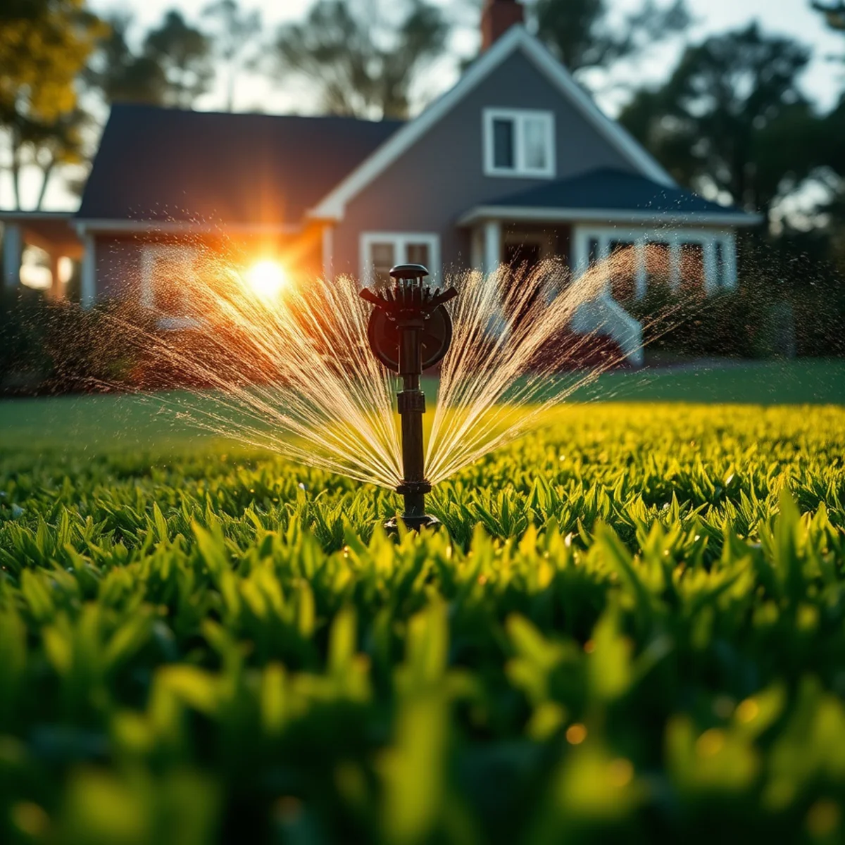 Sprinkler head watering a green lawn in Whitman, MA at sunrise