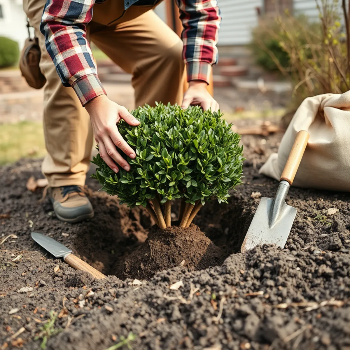 Landscaper planting a shrub in an amended garden bed in Whitman, MA
