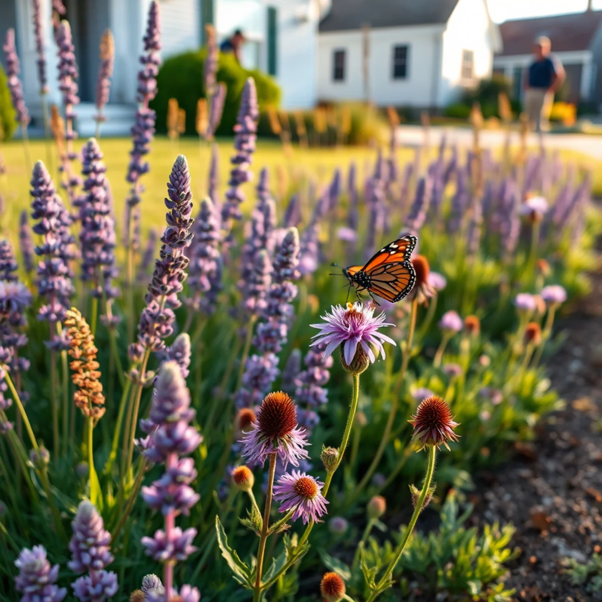 Native perennial border with grasses and asters in southeastern Massachusetts