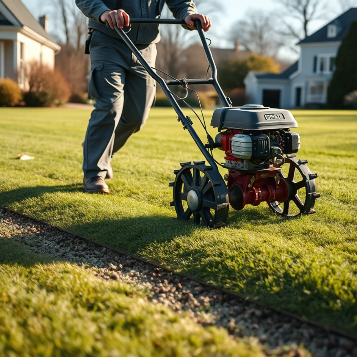 Walk-behind core aerator relieving compaction on a Whitman, MA lawn