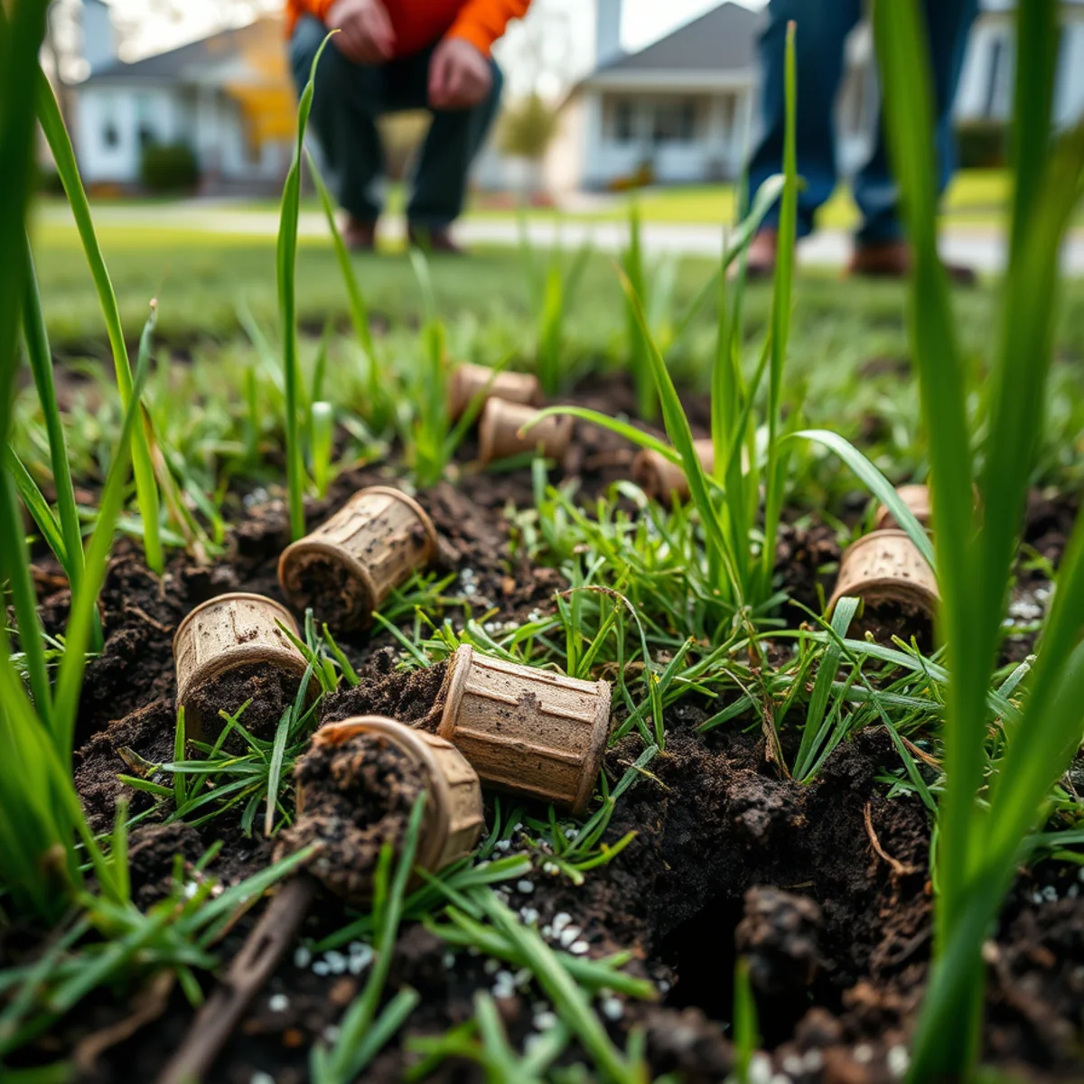 Soil plugs and grass seed on an overseeded lawn in Massachusetts
