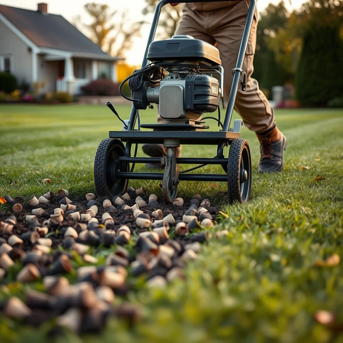 Core aerator pulling soil plugs from a lawn in Whitman, MA