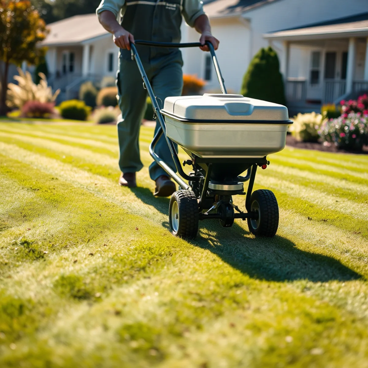 Landscaper applying granular fertilizer with a broadcast spreader in Whitman, MA