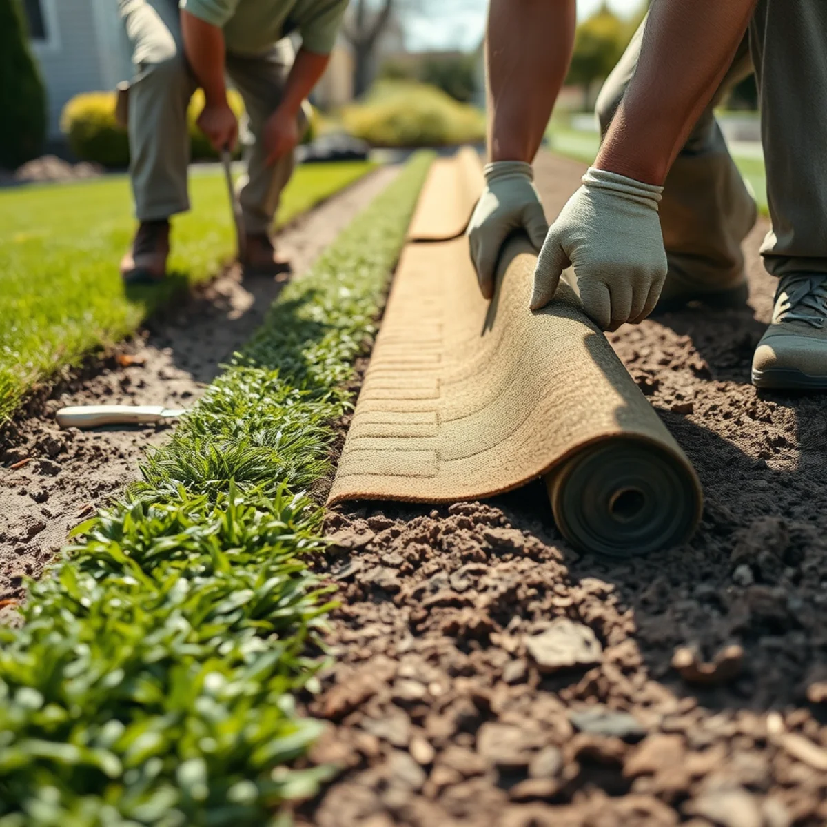 Landscaper laying sod rolls with staggered seams in Whitman, MA