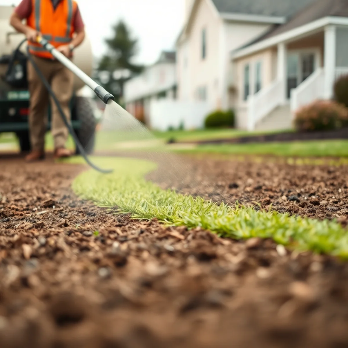 Hydroseed slurry being sprayed onto a prepared lawn area in Massachusetts