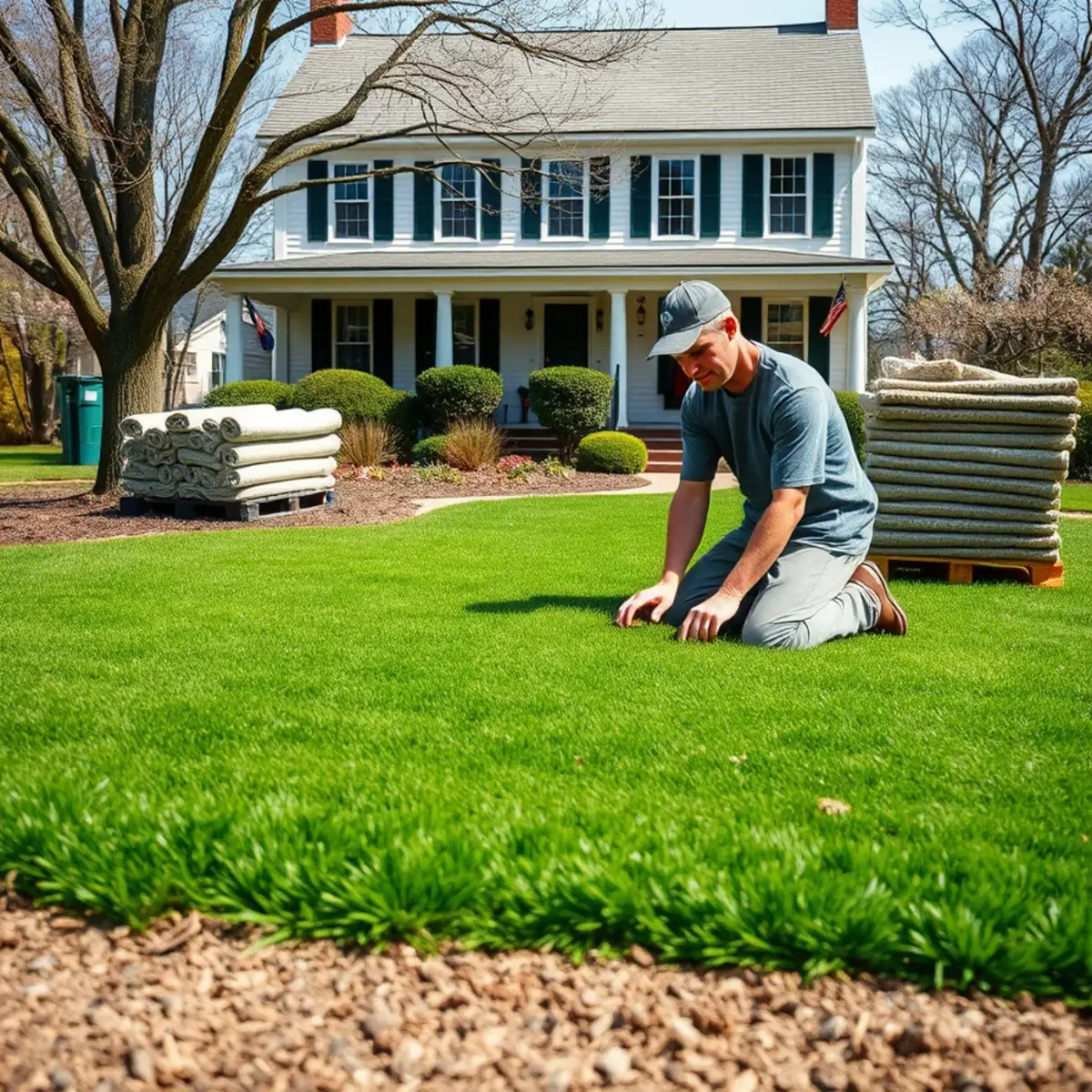 Fresh sod being installed on a front lawn in Whitman, MA