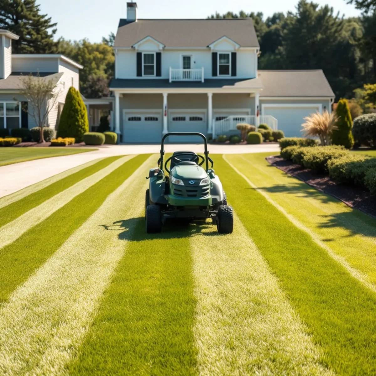 Zero-turn mower cutting clean stripes into a lawn in Whitman, MA