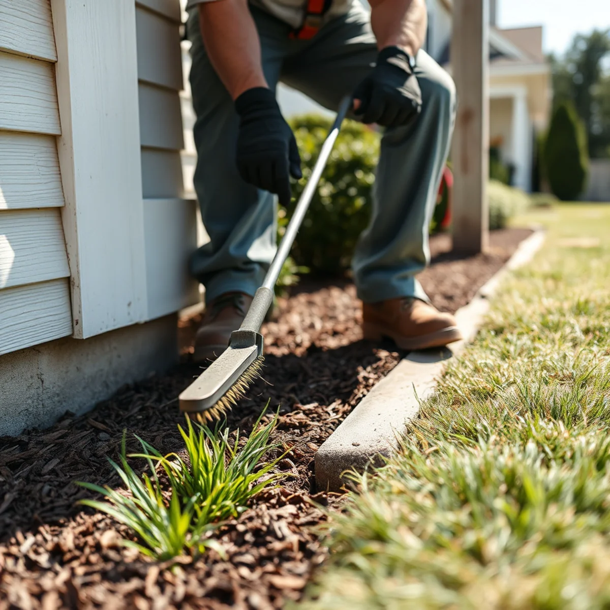 Landscaper string trimming along a foundation edge at a Whitman, MA home