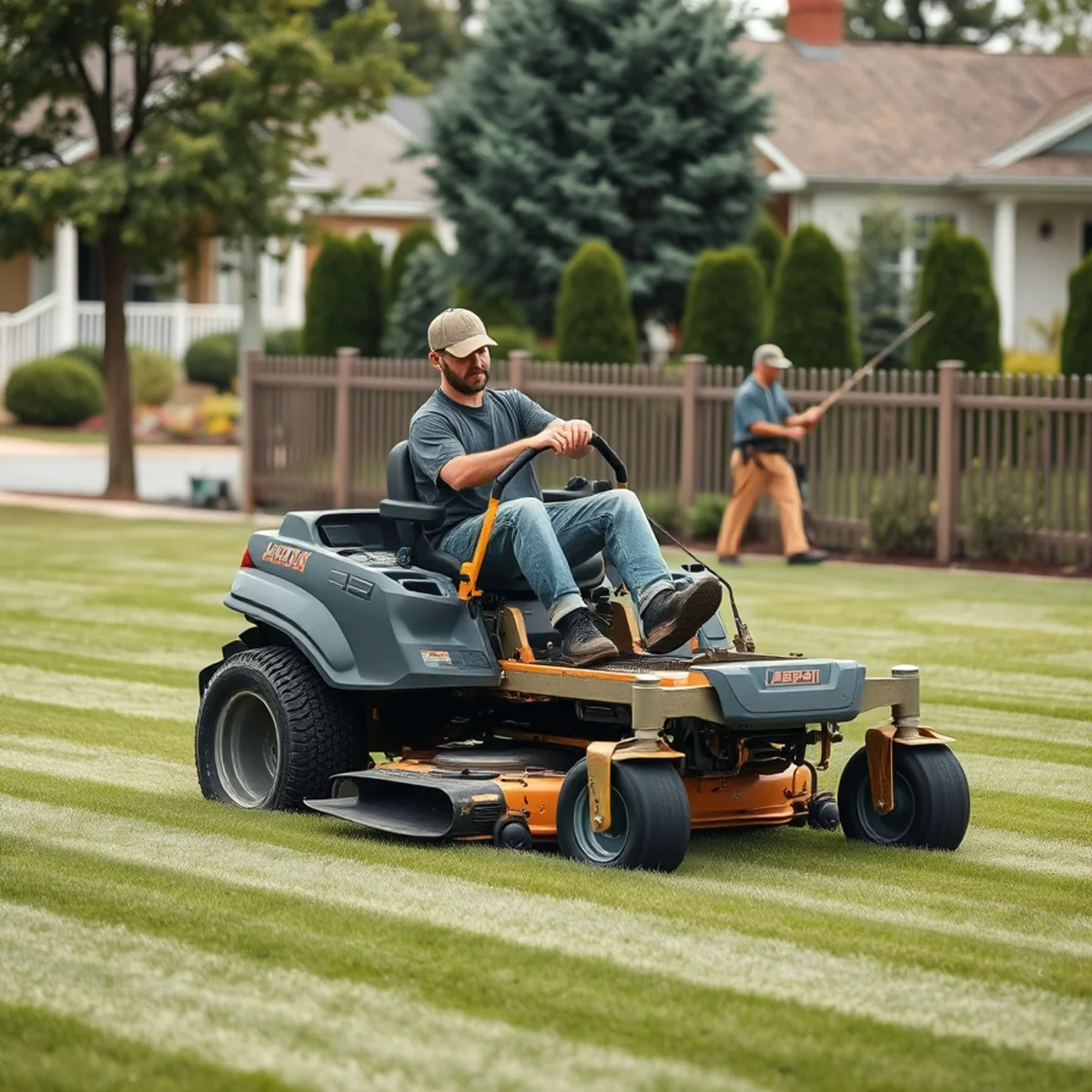 Giachetto Landscape crew mowing a residential lawn in Whitman, MA