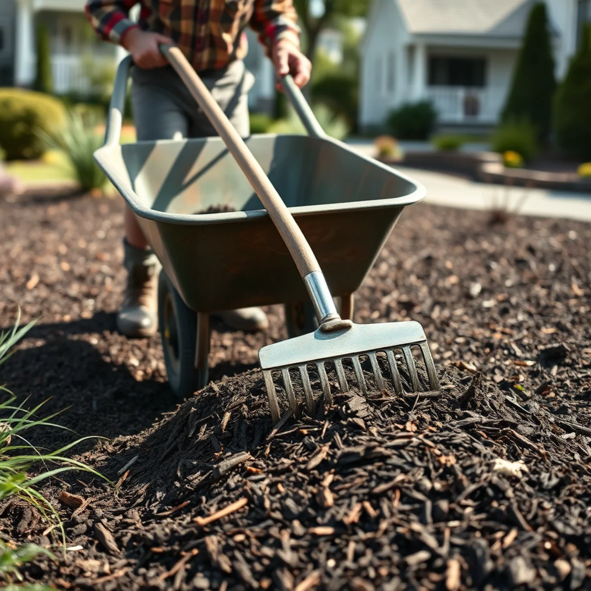 Landscaper spreading hardwood mulch from a wheelbarrow in Whitman, MA