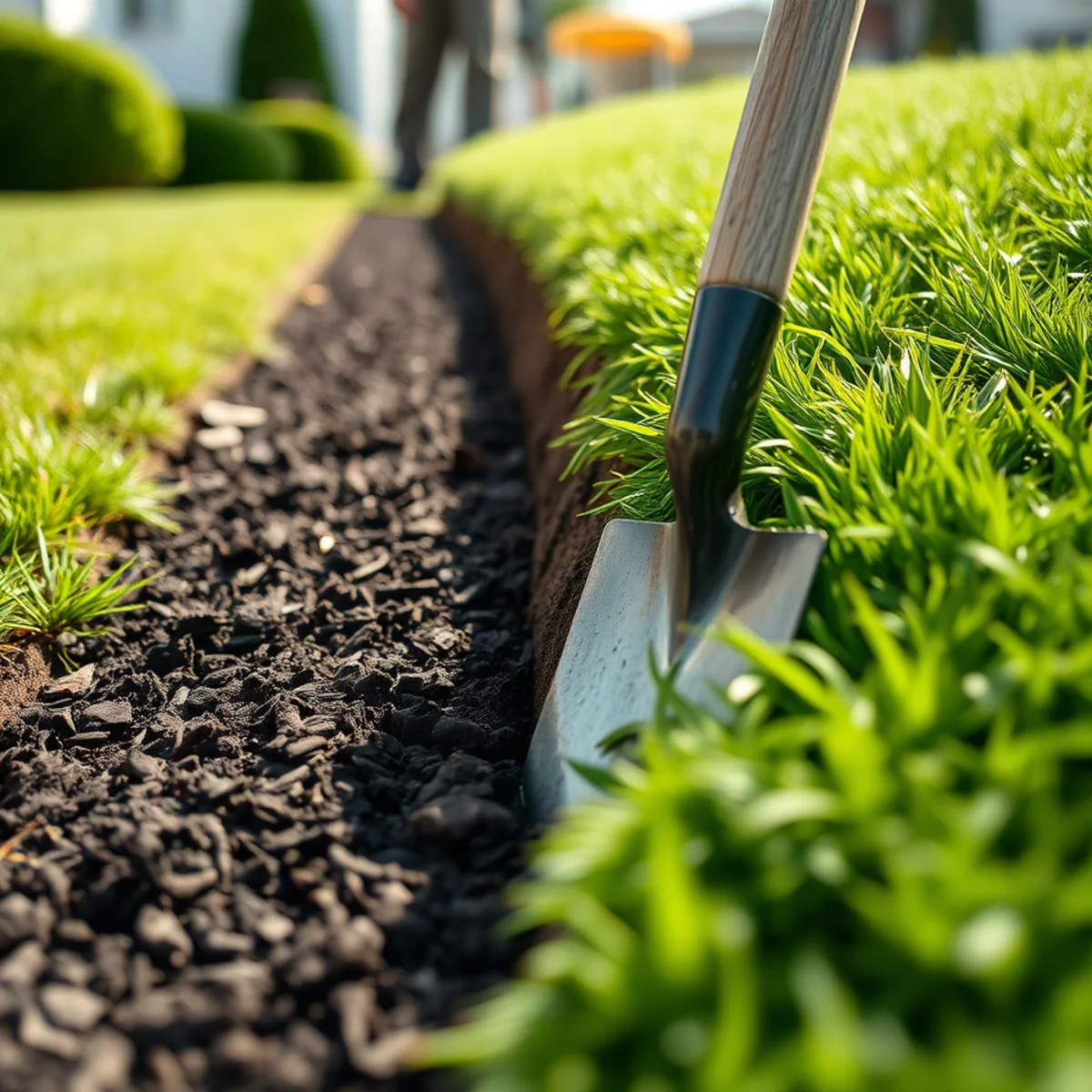 Spaded bed edge cut between lawn and mulch at a South Shore Massachusetts home