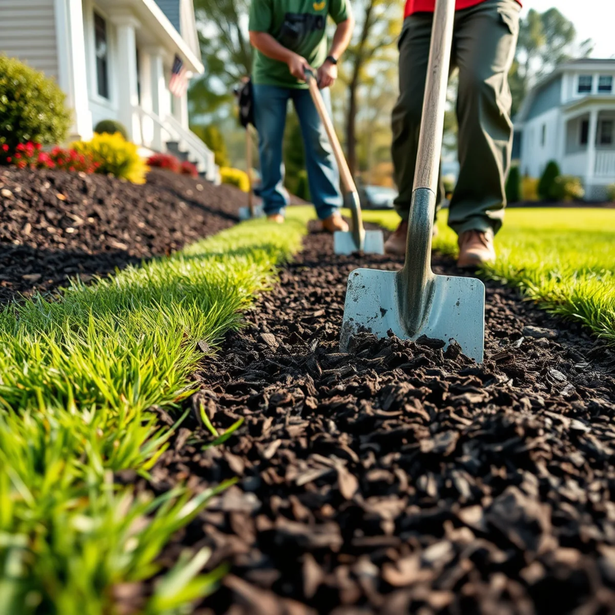 Freshly mulched garden beds with crisp edges at a Whitman, MA home