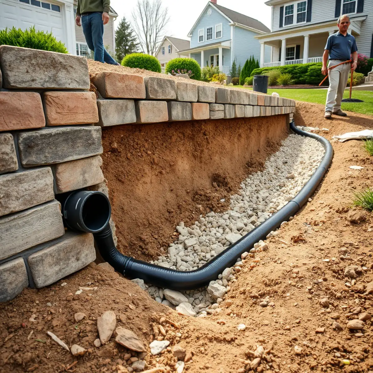 Crushed stone drainage backfill behind a retaining wall in Whitman, MA