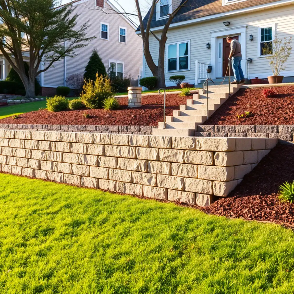 Segmental block retaining wall with landscape steps at a Whitman, MA property