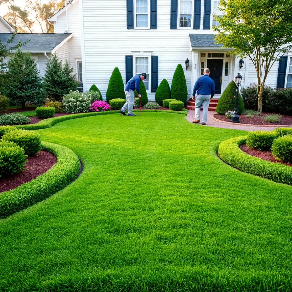Manicured lawn and landscaped beds at a five-star reviewed property in Whitman, MA